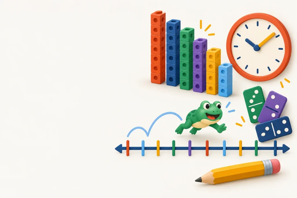 1st grade math worksheets and first grade math worksheets illustration: linking cubes, a clock, dominoes and a frog on a number line