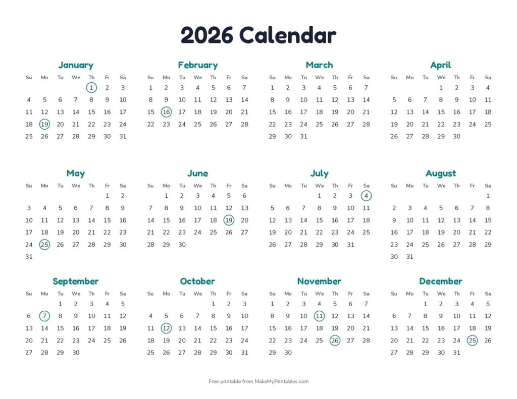 Printable 2026 calendar with all 12 months on one landscape page in a teal theme and US federal holidays circled