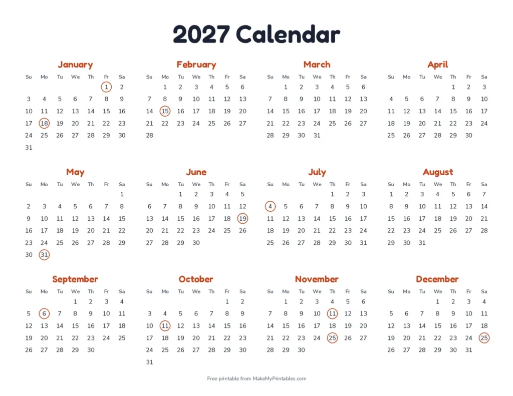 Printable 2027 calendar with all 12 months on one landscape page and US federal holidays circled