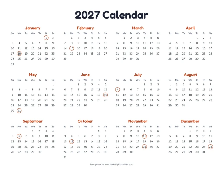 Printable calendars: a 2027 yearly calendar with all twelve months on one page