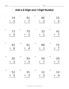 Add a 2-Digit and 1-Digit Number printable worksheet for grades 1 and 2