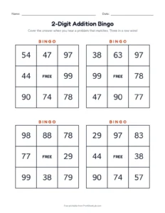 2-Digit Addition Bingo printable worksheet for grades 1 and 2