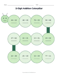 2-Digit Addition Caterpillar printable worksheet for grades 1 and 2