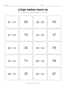2-Digit Addition Match-Up printable worksheet for grades 1 and 2