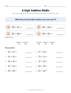 2-Digit Addition Riddle printable worksheet for grades 1 and 2