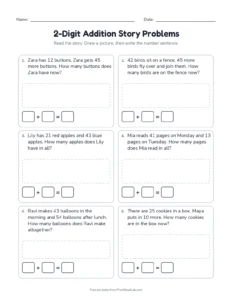 2-Digit Addition Story Problems printable worksheet for grades 1 and 2