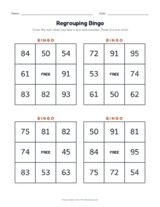 Regrouping Bingo printable worksheet for grade 2