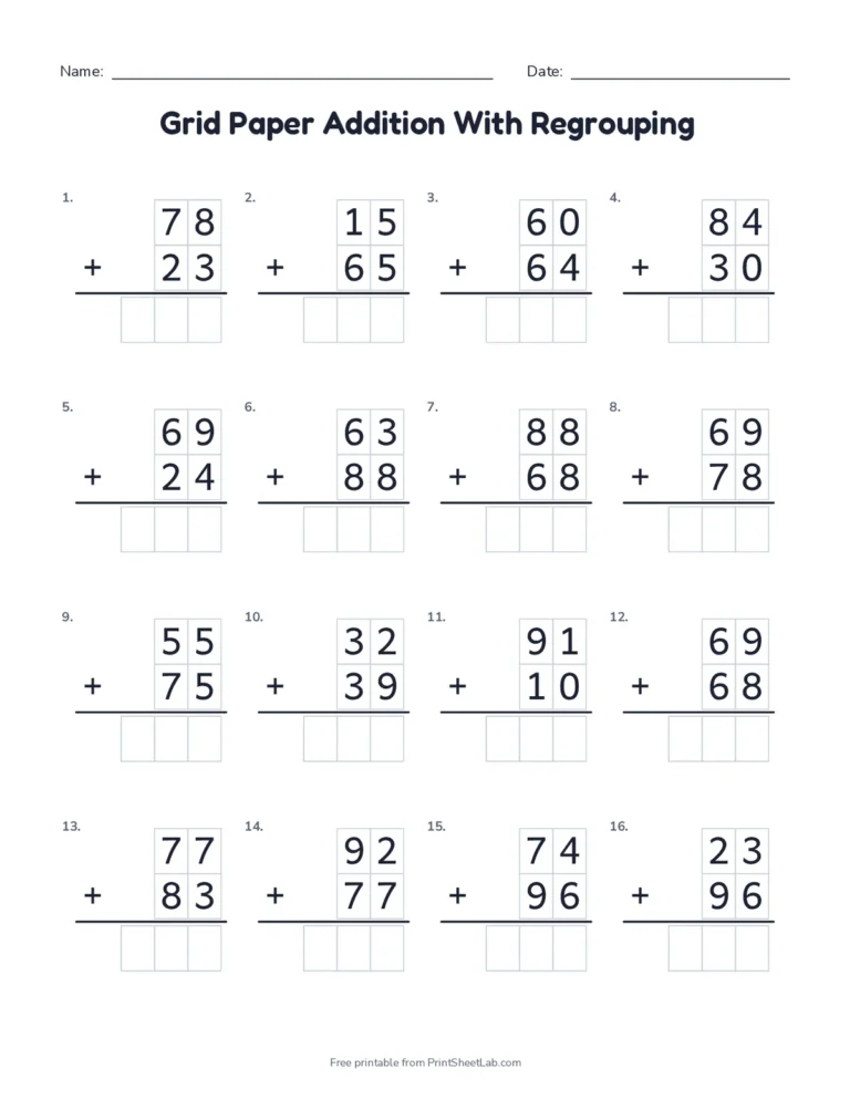Two-digit addition with regrouping worksheet