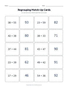 Regrouping Match-Up Cards printable worksheet for grade 2