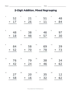 2-Digit Addition, Mixed Regrouping printable worksheet for grade 2