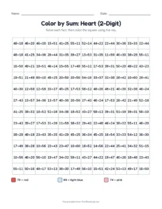Color by Sum: Heart (2-Digit) printable worksheet for grade 2