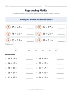 Regrouping Riddle printable worksheet for grade 2