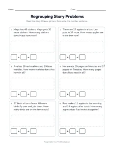 Regrouping Story Problems printable worksheet for grade 2