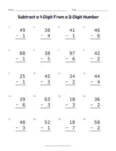 Subtract a 1-Digit From a 2-Digit Number printable worksheet for grades 1 and 2
