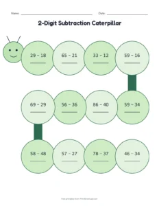 2-Digit Subtraction Caterpillar printable worksheet for grades 1 and 2