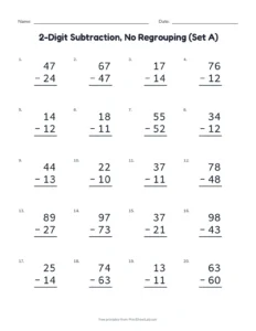 2-Digit Subtraction, No Regrouping (Set A) printable worksheet for grades 1 and 2
