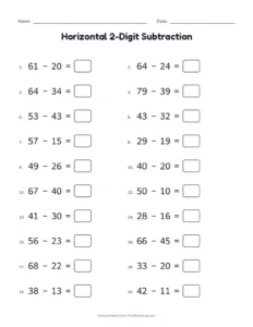 Horizontal 2-Digit Subtraction printable worksheet for grades 1 and 2
