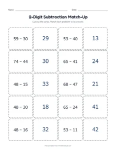 2-Digit Subtraction Match-Up printable worksheet for grades 1 and 2