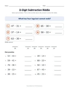 2-Digit Subtraction Riddle printable worksheet for grades 1 and 2