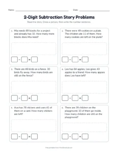 2-Digit Subtraction Story Problems printable worksheet for grades 1 and 2