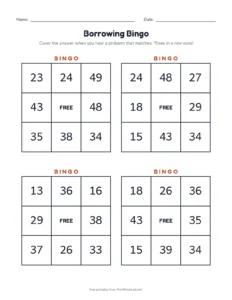 Borrowing Bingo printable worksheet for grade 2