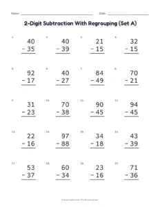 2-Digit Subtraction With Regrouping (Set A) printable worksheet for grade 2