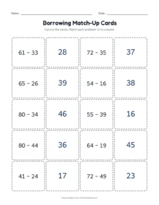 Borrowing Match-Up Cards printable worksheet for grade 2