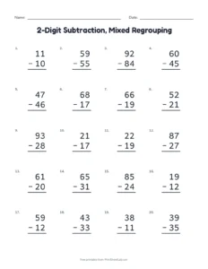 2-Digit Subtraction, Mixed Regrouping printable worksheet for grade 2