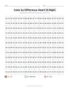 Color by Difference: Heart (2-Digit) printable worksheet for grade 2