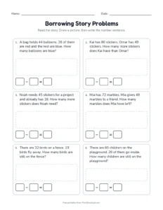 Borrowing Story Problems printable worksheet for grade 2