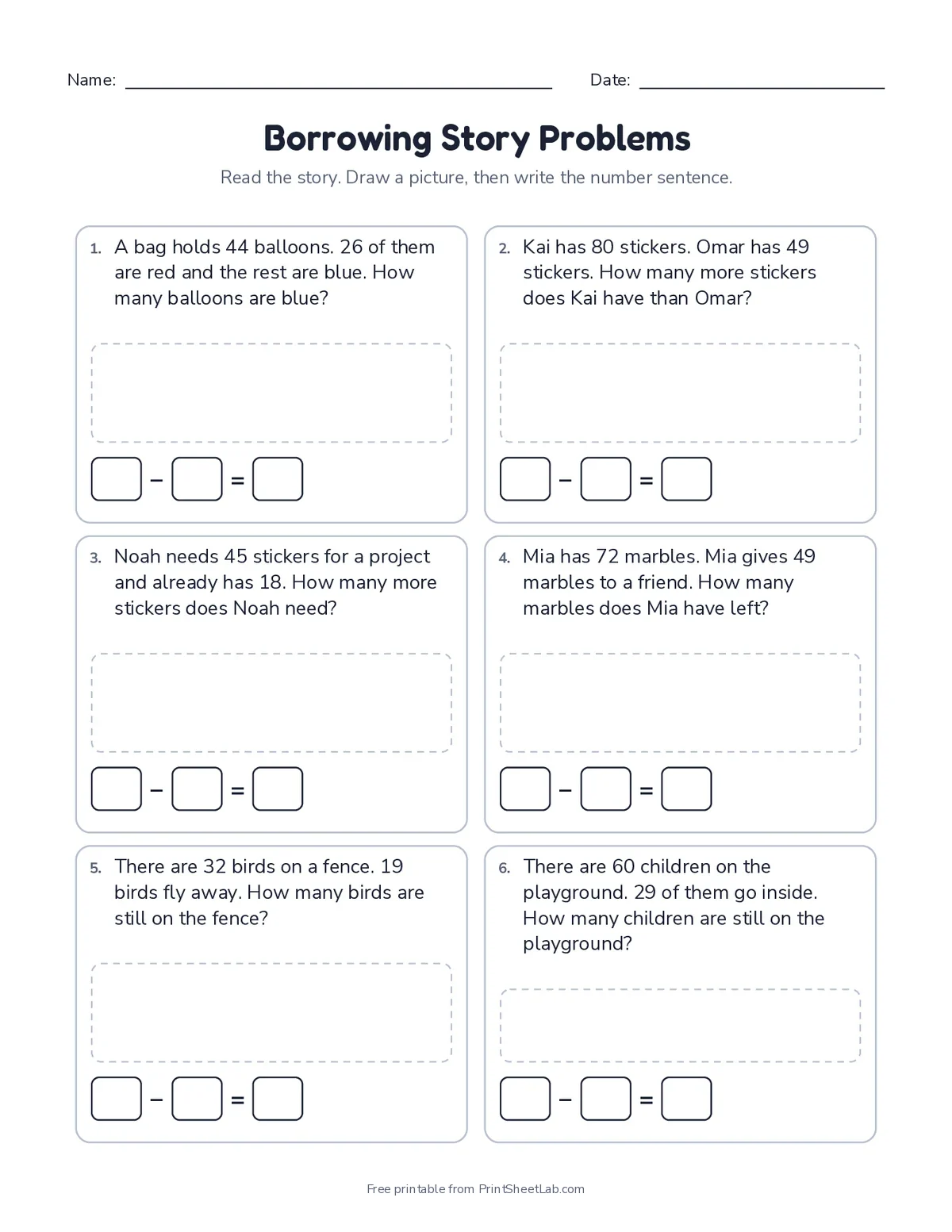addition and subtraction practice: borrowing story problems