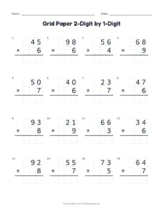 Grid Paper 2-Digit by 1-Digit printable worksheet for grades 3 and 4