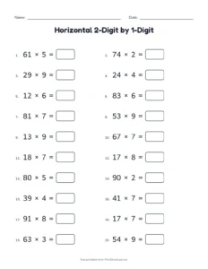 Horizontal 2-Digit by 1-Digit printable worksheet for grades 3 and 4