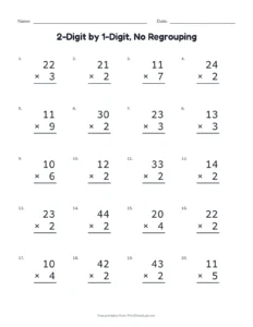 2-Digit by 1-Digit, No Regrouping printable worksheet for grades 3 and 4