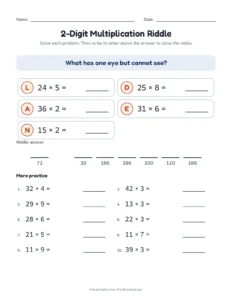 2-Digit Multiplication Riddle printable worksheet for grades 3 and 4