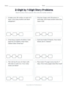 2-Digit by 1-Digit Story Problems printable worksheet for grades 3 and 4