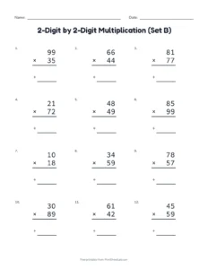 2-Digit by 2-Digit Multiplication (Set B) printable worksheet for grades 4 and 5