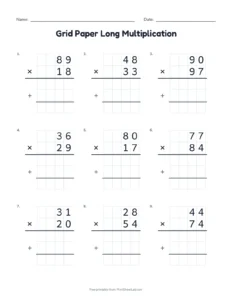 Grid Paper Long Multiplication printable worksheet for grades 4 and 5