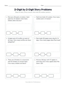2-Digit by 2-Digit Story Problems printable worksheet for grades 4 and 5