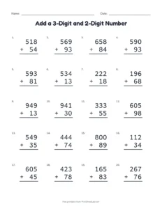 Add a 3-Digit and 2-Digit Number printable worksheet for grades 2 and 3