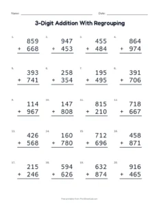 3-Digit Addition With Regrouping printable worksheet for grades 2 and 3