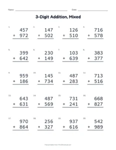 3-Digit Addition, Mixed printable worksheet for grades 2 and 3