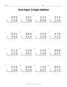 Grid Paper 3-Digit Addition printable worksheet for grades 2 and 3