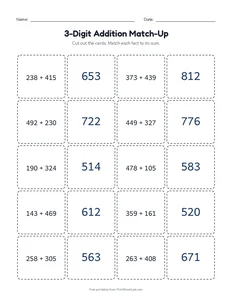 3-Digit Addition Match-Up printable worksheet for grades 2 and 3