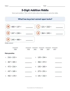 3-Digit Addition Riddle printable worksheet for grades 2 and 3