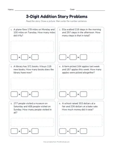3-Digit Addition Story Problems printable worksheet for grades 2 and 3