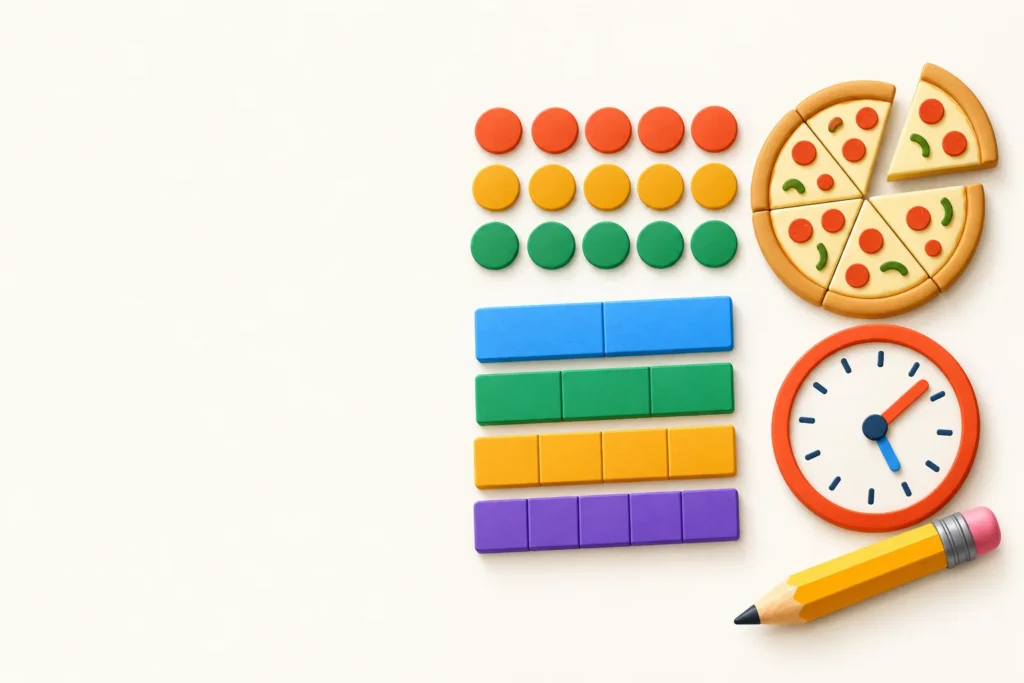 Colorful illustrated banner for free 3rd grade math worksheets
