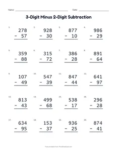 3-Digit Minus 2-Digit Subtraction printable worksheet for grades 2 and 3