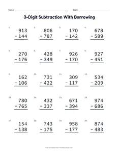 3-Digit Subtraction With Borrowing printable worksheet for grades 2 and 3