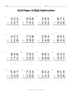 Grid Paper 3-Digit Subtraction printable worksheet for grades 2 and 3